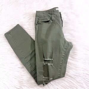 Army green distressed skinny jeans, size 5